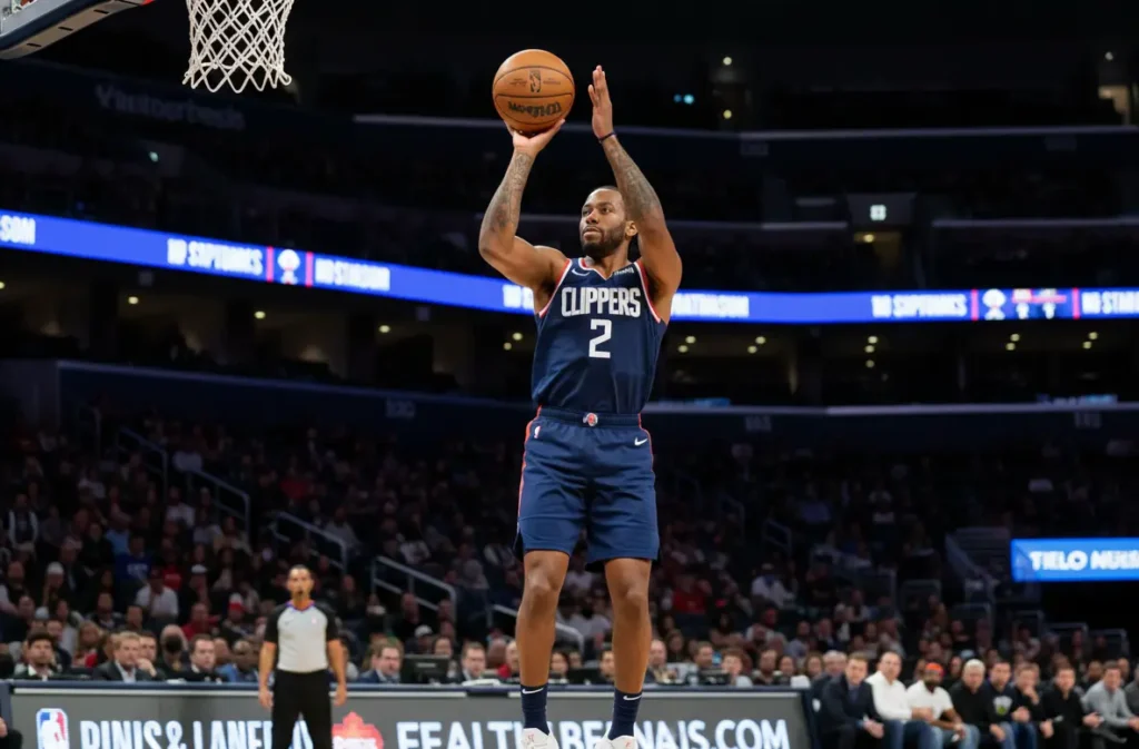 Kawhi Leonard LA Clippers basketball graphic with 2 points score and vintage Telonu design